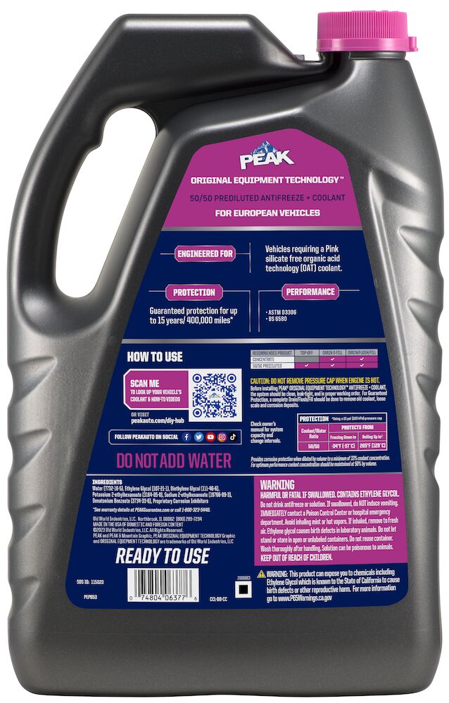 (870) PEPB53 Peak OET European Pink Prediluted 50/50 Antifreeze/Coolant (1 Gal)
