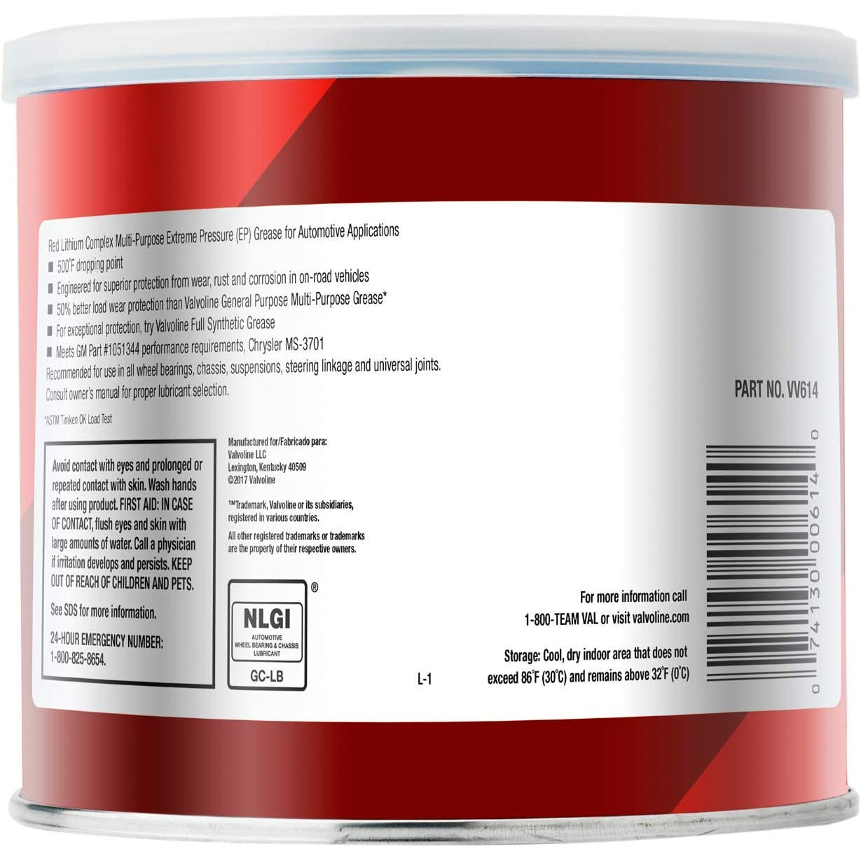 (945) VV614 Valvoline Multi-Vehicle #2 EP Hi-Temp Red Grease (1 lb)