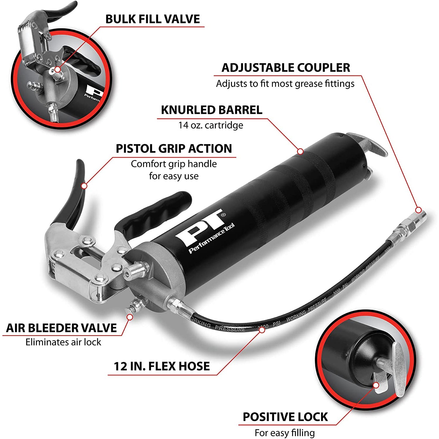 WIL W54204 Performance Tool Heavy Duty Pro Pistol Grip Grease Gun (14 oz)