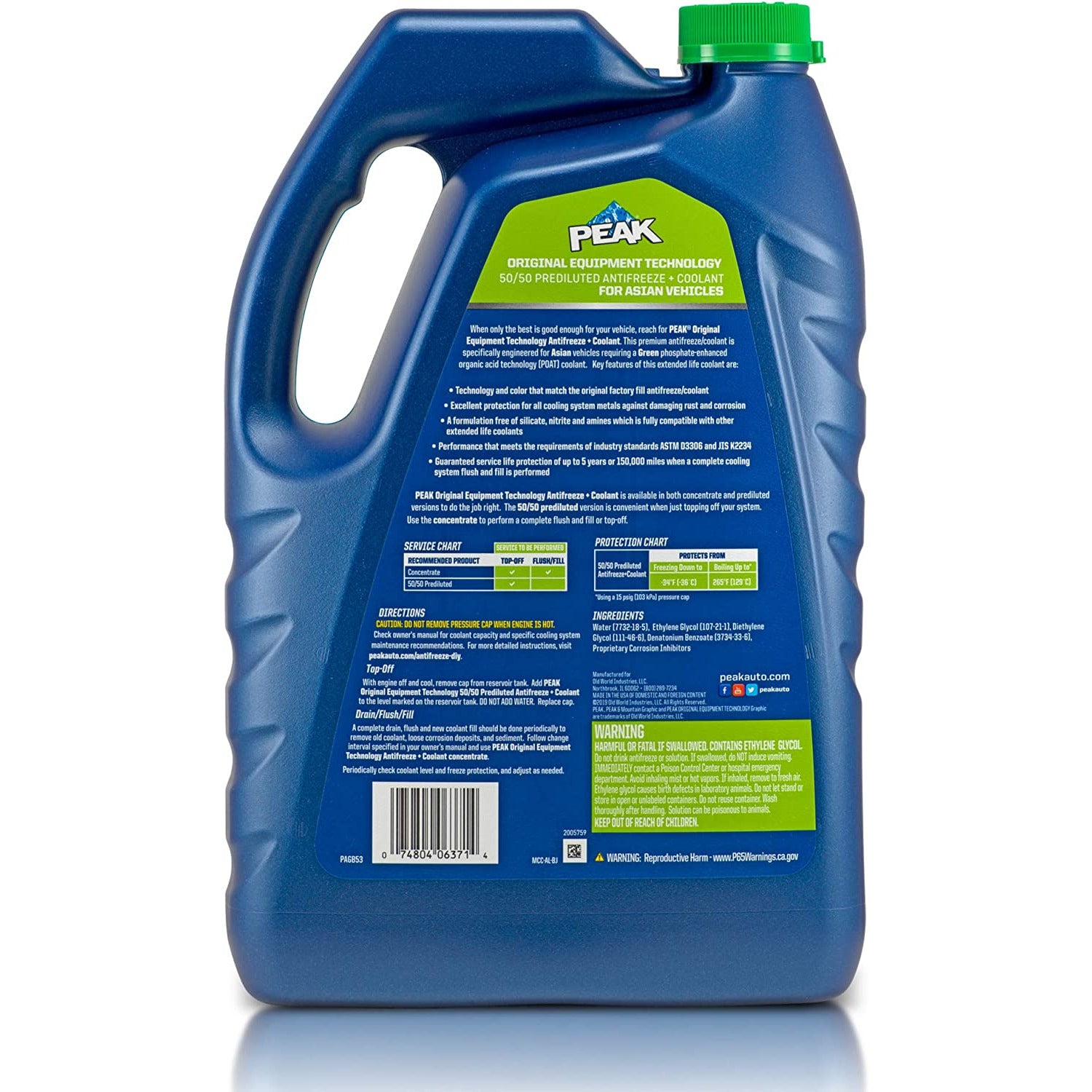 (870) PAGB53 Peak OET Asian Antifreeze/Coolant Prediluted 50/50 (Green, 1 Gal)