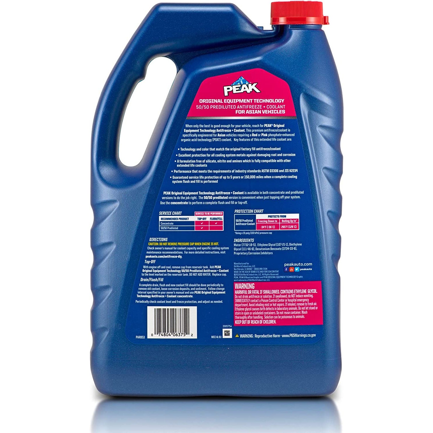 (870) PARB53 Peak OET Asian Antifreeze/Coolant Prediluted 50/50 (Red/Pink, 1 Gal)