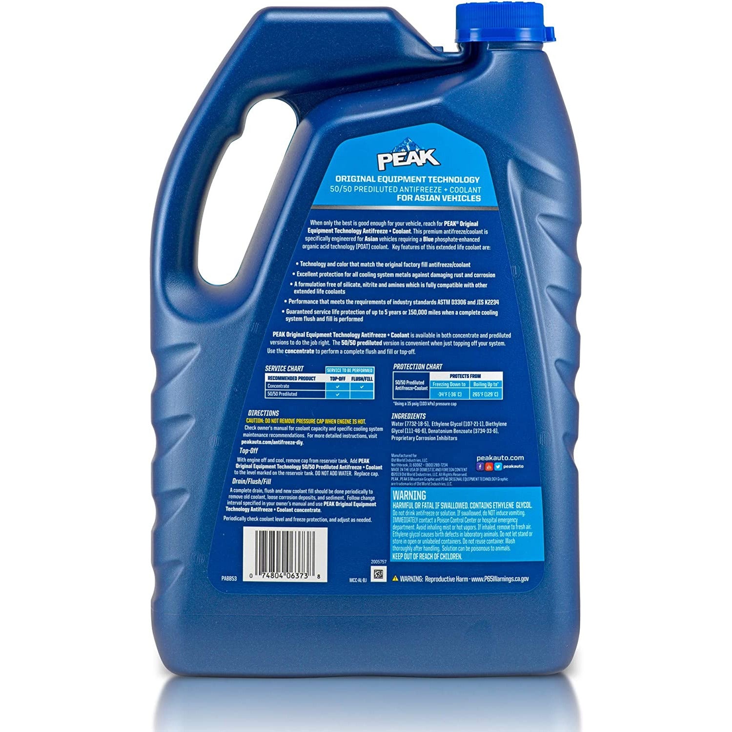 (870) PABB53 Peak OET Asian Antifreeze/Coolant Prediluted 50/50 (Blue, 1 Gal)