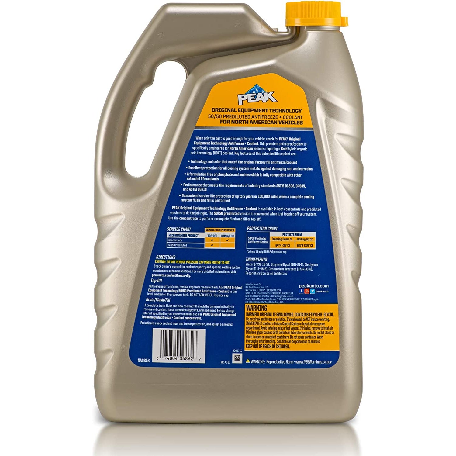 (870) NAGB53 Peak OET North American Antifreeze/Coolant Prediluted 50/50 (Gold, 1 Gal)