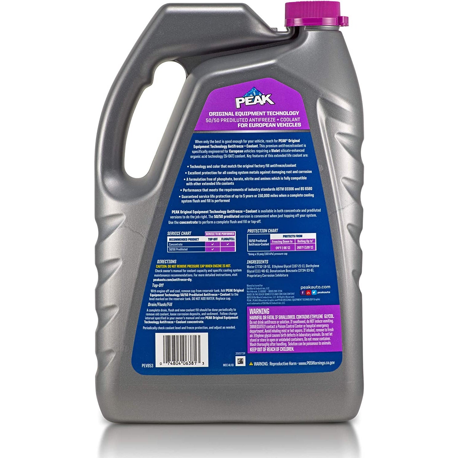 ANT PEVB53 Peak OET European Antifreeze/Coolant Prediluted 50/50 (Violet/Purple, 1 Gal)