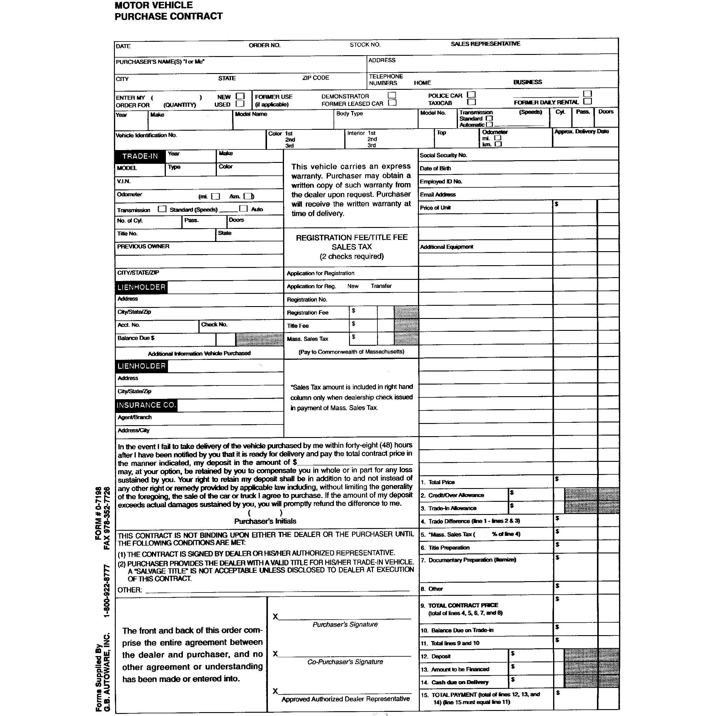 XCP DL-MAC CAR Products MA Motor Vehicle Purchase Contracts (100 pk)