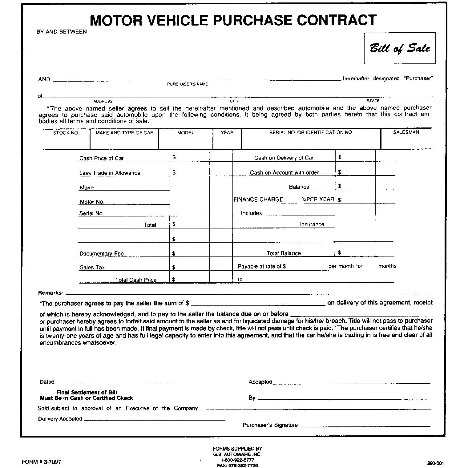 XCP DL-BS CAR Products Bill Of Sale Purchase Contract (100 pk)