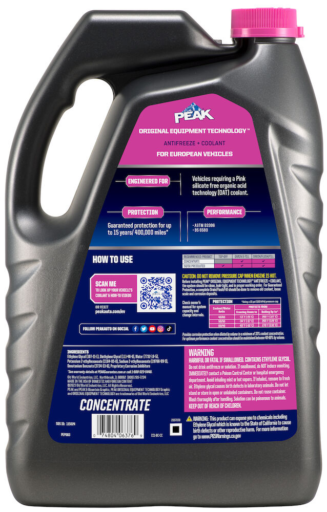 (870) PEP0B3 Peak OET European Pink Concentrate Antifreeze/Coolant (1 Gal)