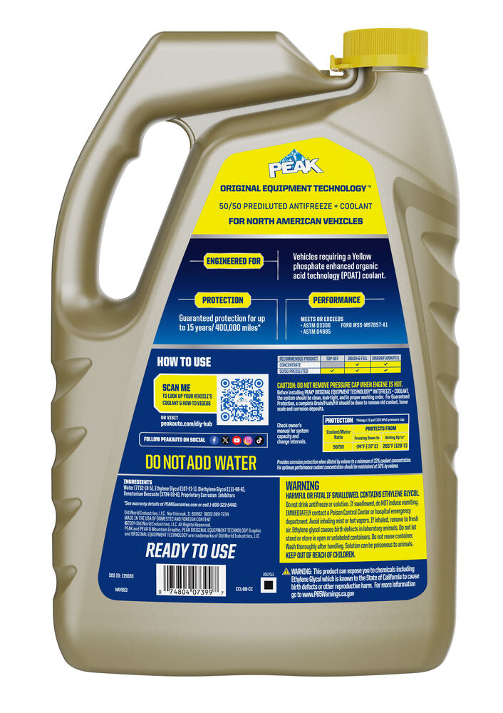 (870) NAYB53 Peak OET North American Prediluted 50/50 Antifreeze/Coolant (Yellow, 1 Gal)