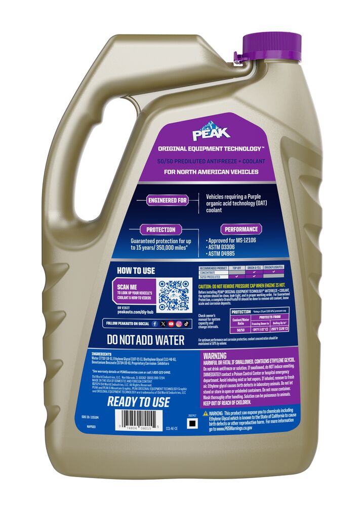 (870) NAP5D3 Peak OET North American Antifreeze/Coolant Prediluted 50/50 (OAT Purple, 1 Gal)