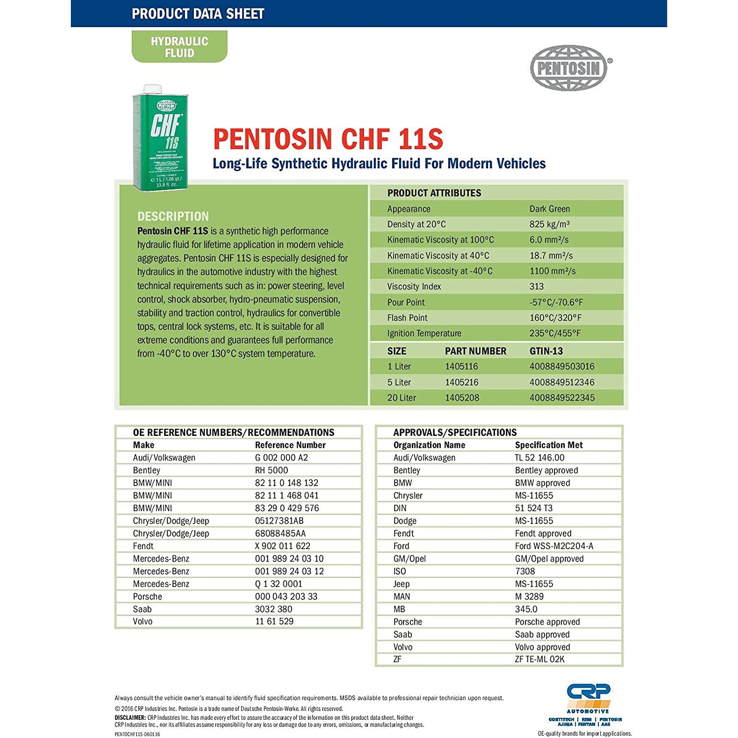 PENTOSIN LONG LIFE HYDRAULIC FLUID CHF 11S | PTN 1405116| 1 US L |