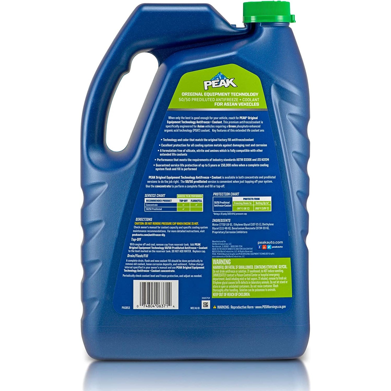 ANT PAGB53 Peak OET Asian Antifreeze/Coolant Prediluted 50/50 (Green, 1 Gal)