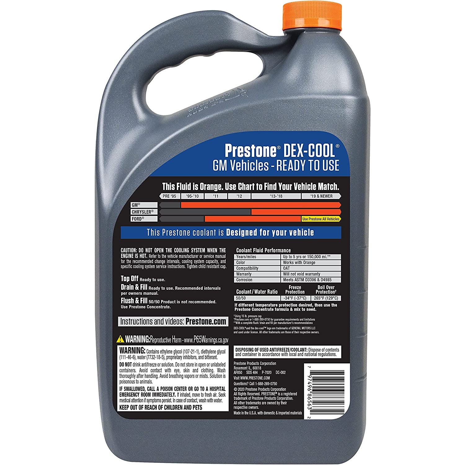 ANT AF850 Prestone Dex-Cool Dexcool Antifreeze/Coolant Prediluted 50/50 (Orange, 1 Gal)