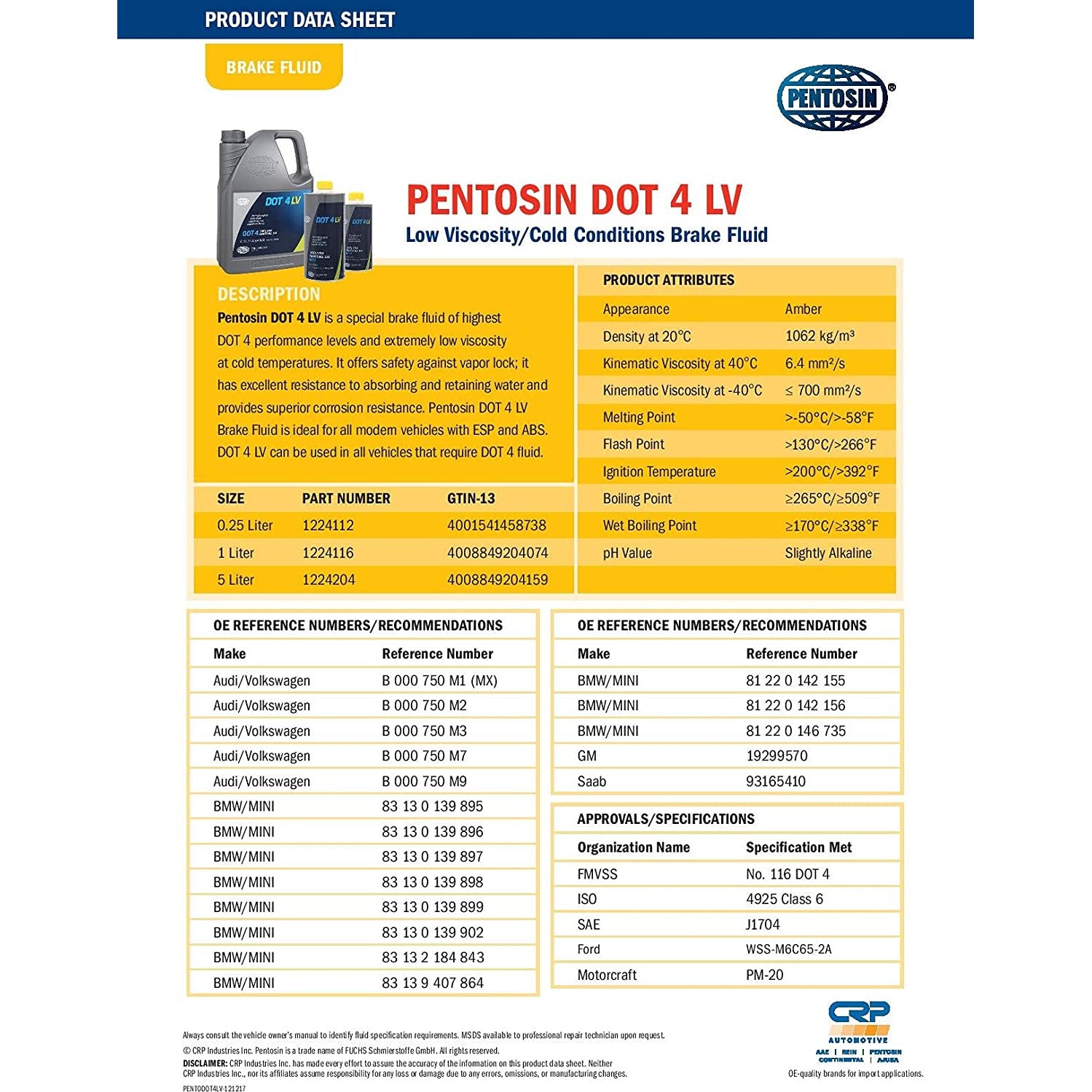 PENTOSIN DOT 4 LV BRAKE FLUID | PTN 1224116 | 1 US L |